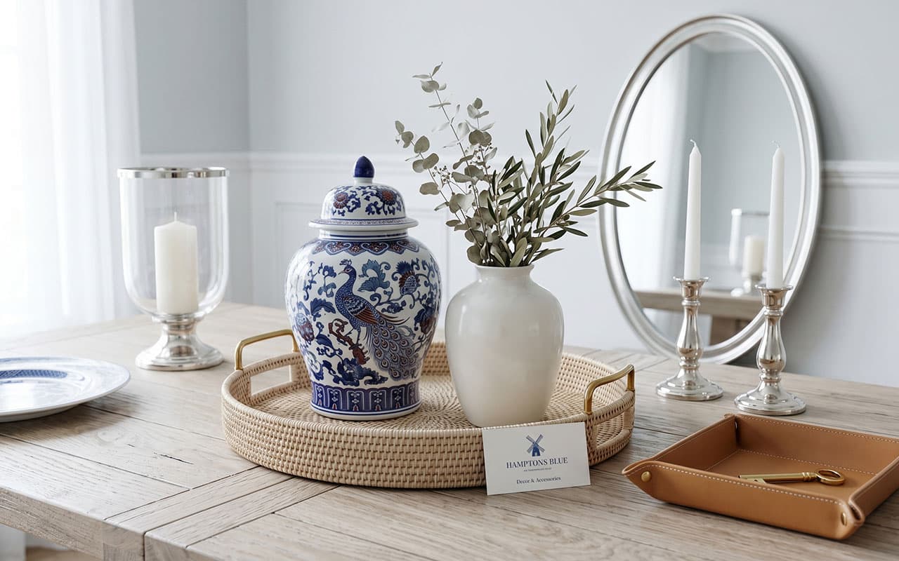 Decorative items on a wooden table including a blue and white jar, white vase with greenery, and a round mirror.