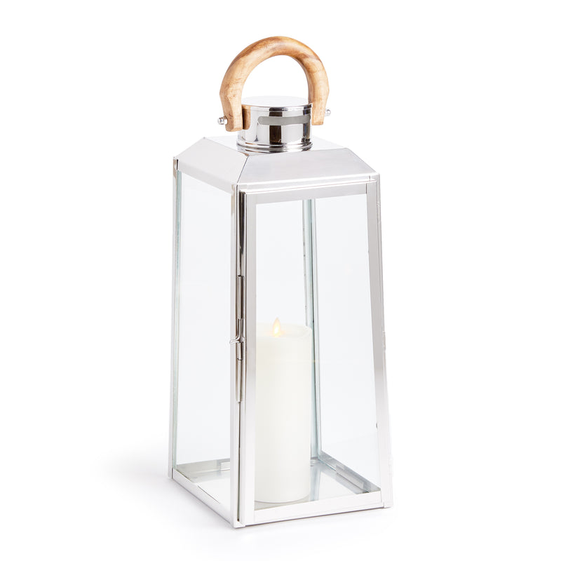 Chrome and glass lantern with wooden handle on a white background