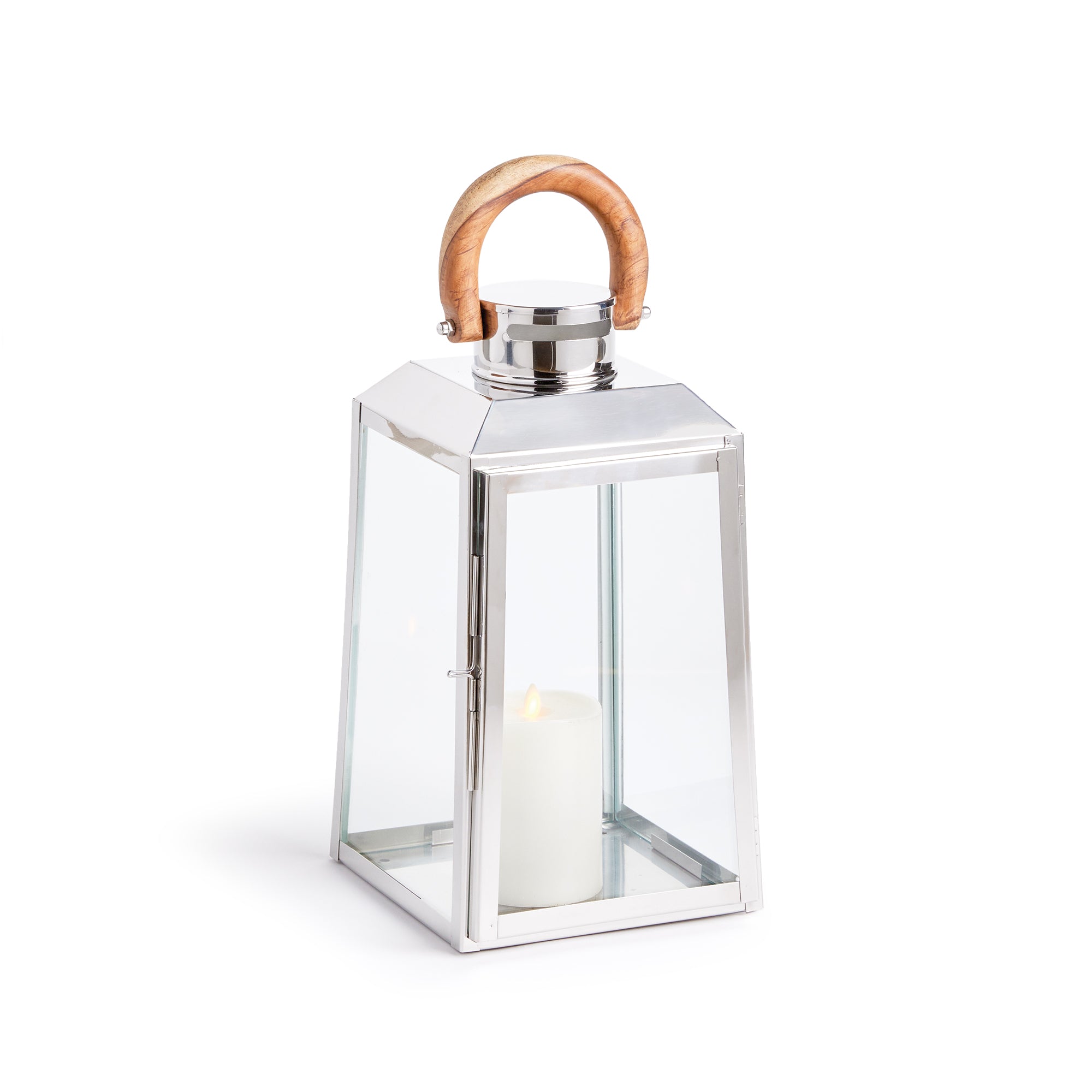 Silver lantern with a wooden handle on a white background