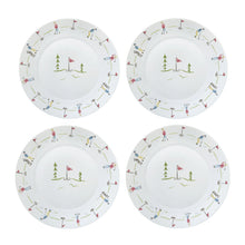 Four white plates with golf-themed decorative rims on a white background