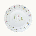 Golf-themed plate with illustrations of golfers and flags on a white background