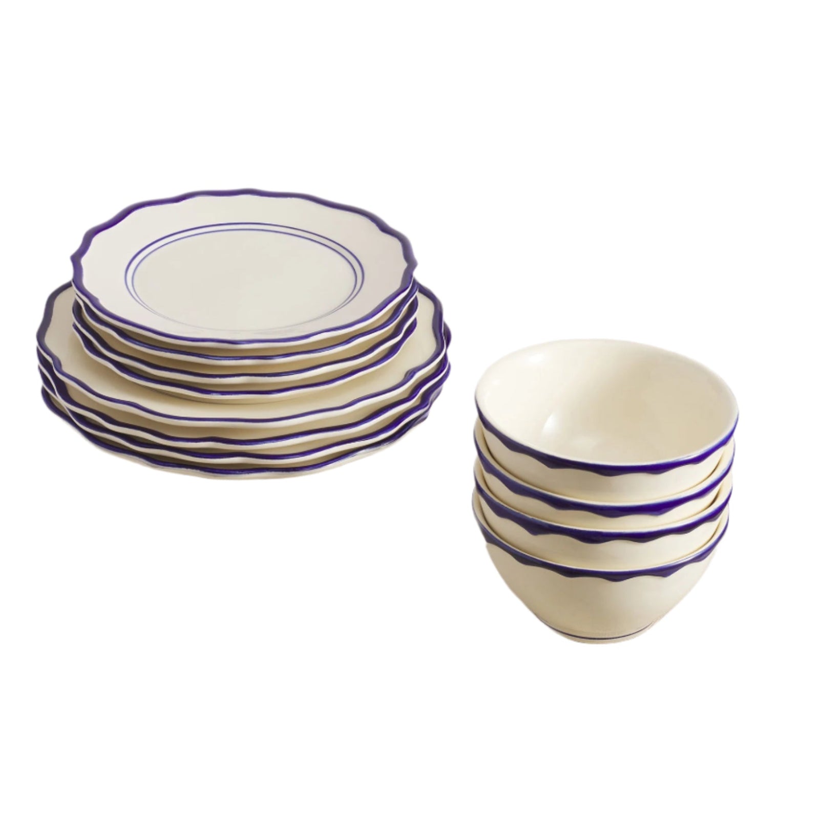 Set of 12 white ceramic dinner plates, side plates and bowls with blue stripe rims on a light gray background