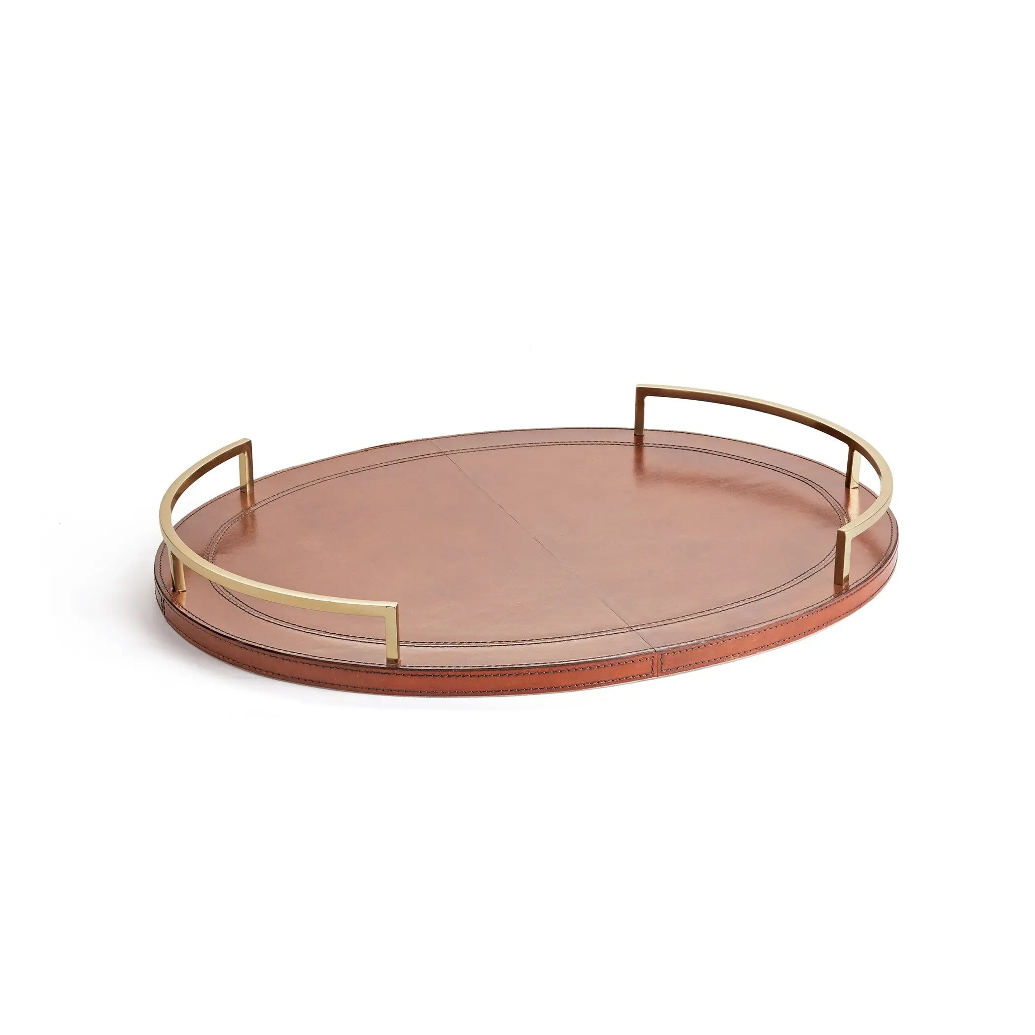 Round wooden tray with gold metal handles on a white background