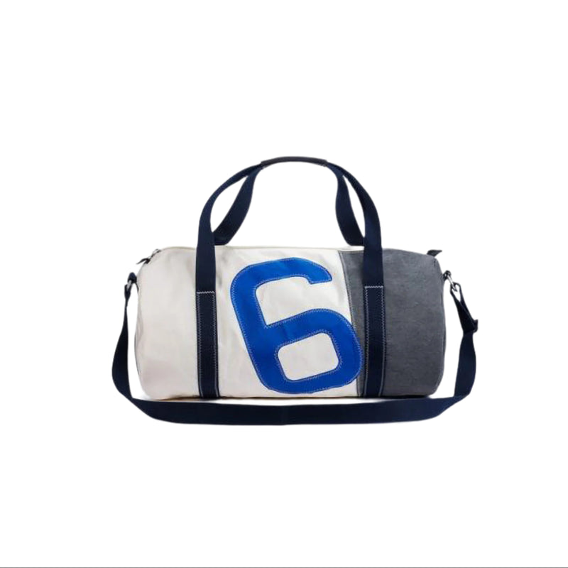 Duffle bag with a blue number 6 on a white background