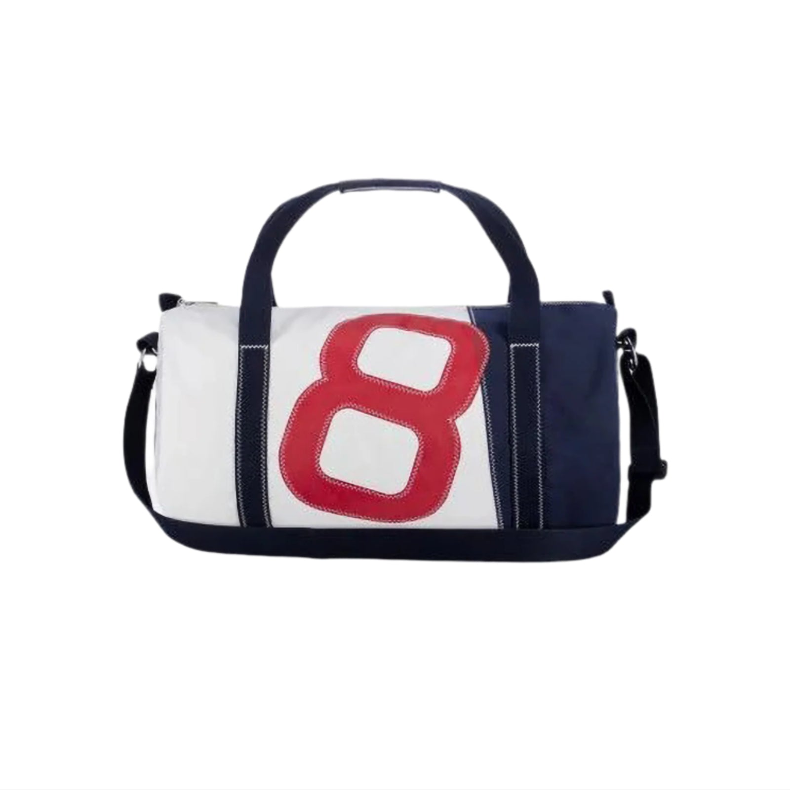 Duffle bag with a red number 8 on a white background