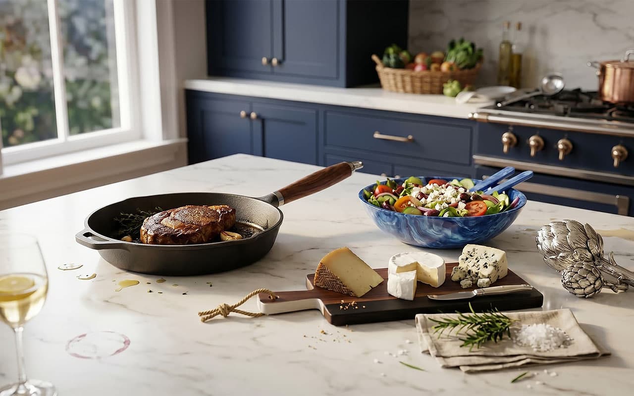 Kitchen counter with a pan of food, salad, and cheese platter.