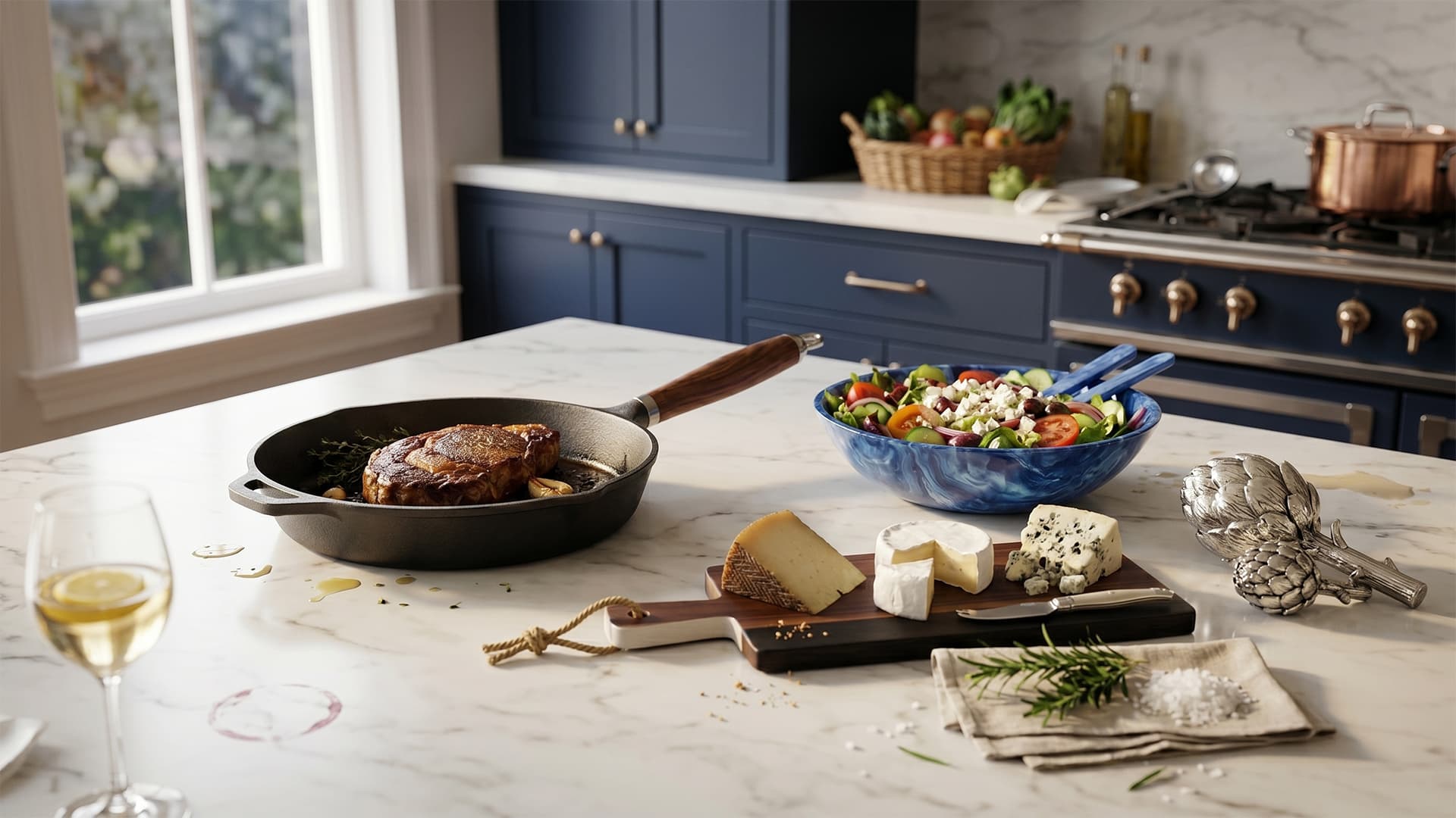 Kitchen counter with a pan of food, salad, and cheese platter.