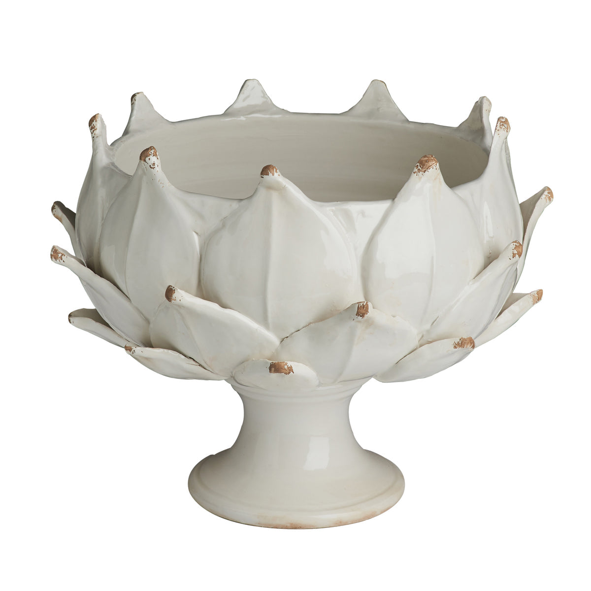 A white-glazed ceramic artichoke planter on a white background.