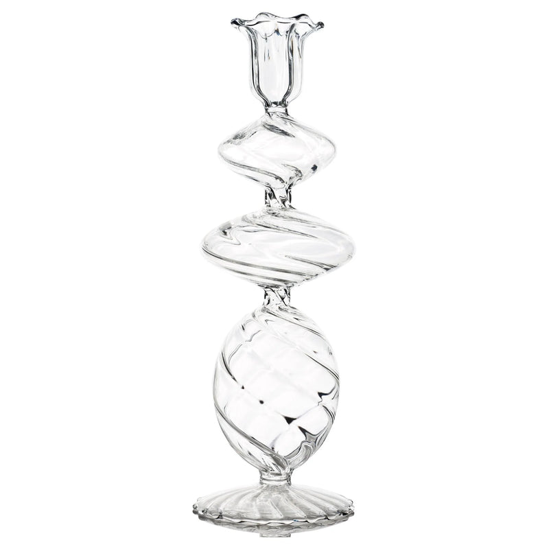 Clear glass candle holder with spiral design on a white background
