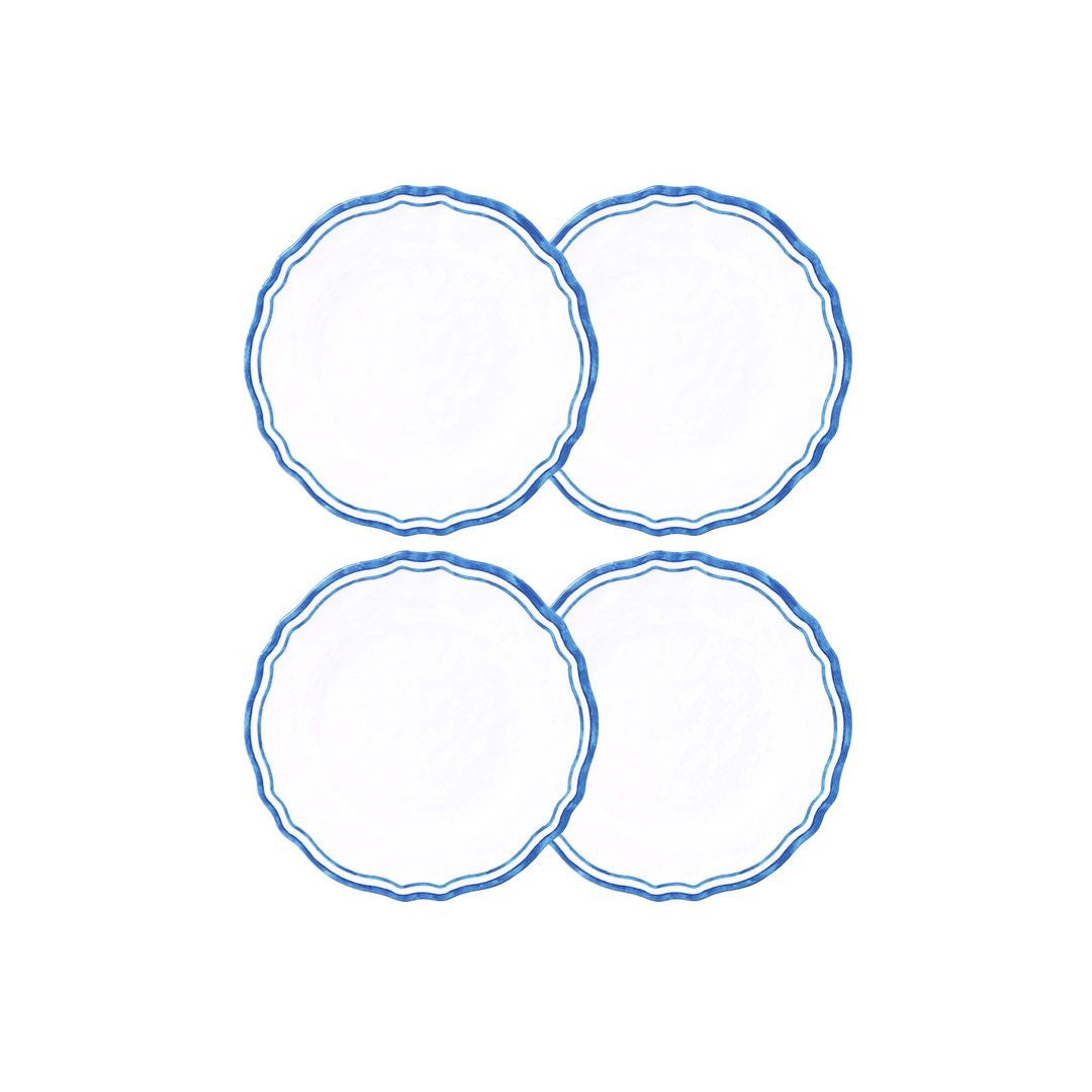 Four blue circular plates on a white background