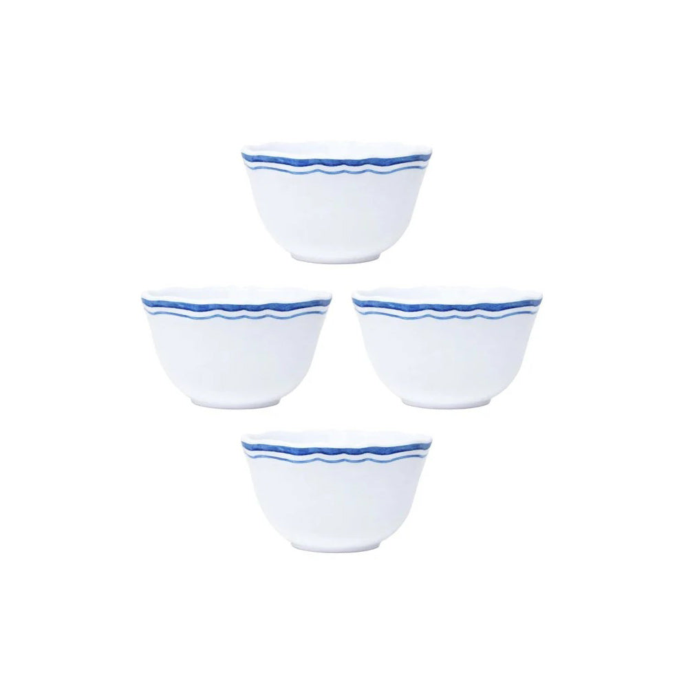 Set of four small melamine white bowls with blue rim on a white background