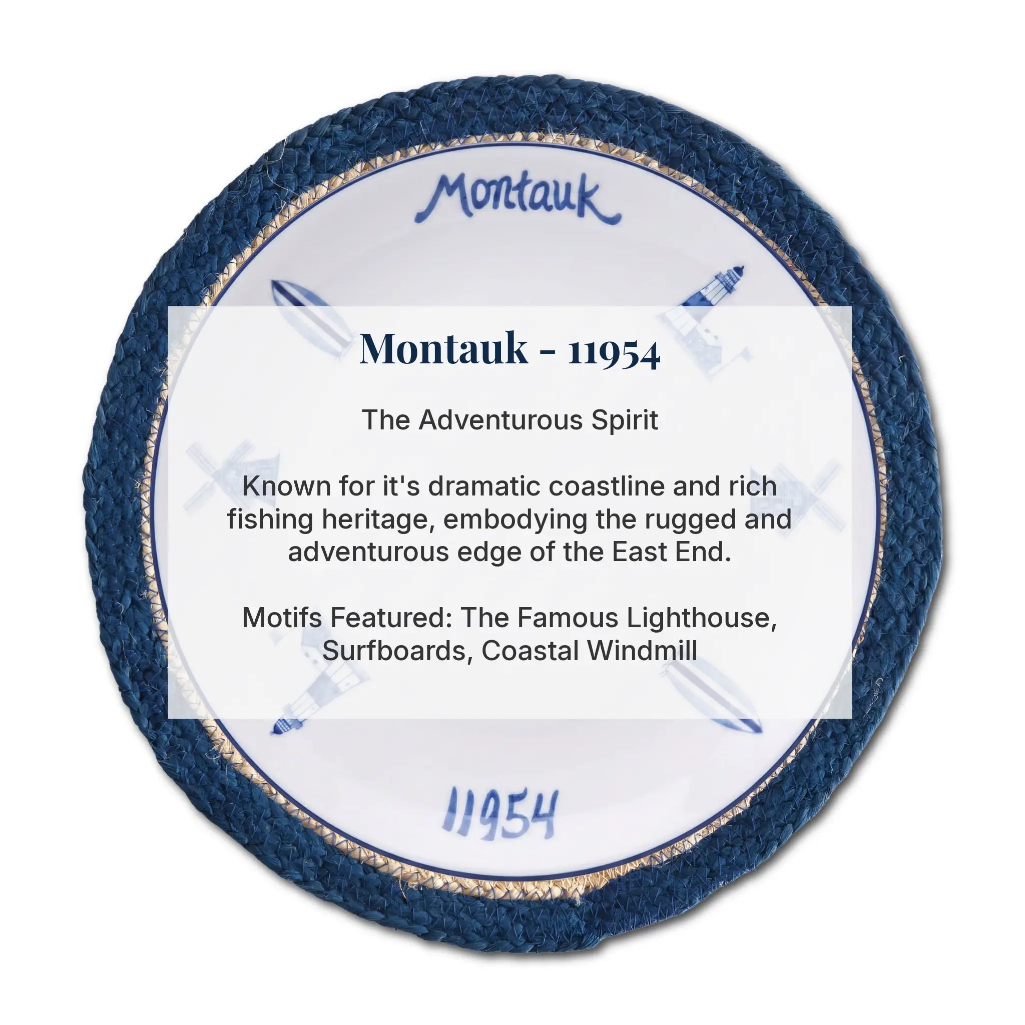 A circular decorative plaque or coaster featuring a dark blue textured border, a white center with blue lighthouse and surfboard motifs, and printed text identifying it as Montauk - 11954 with descriptive copy about coastal heritage.