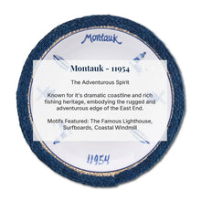 A circular decorative plaque or coaster featuring a dark blue textured border, a white center with blue lighthouse and surfboard motifs, and printed text identifying it as Montauk - 11954 with descriptive copy about coastal heritage.