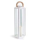 White lantern with a wooden handle and glass sides on a white background