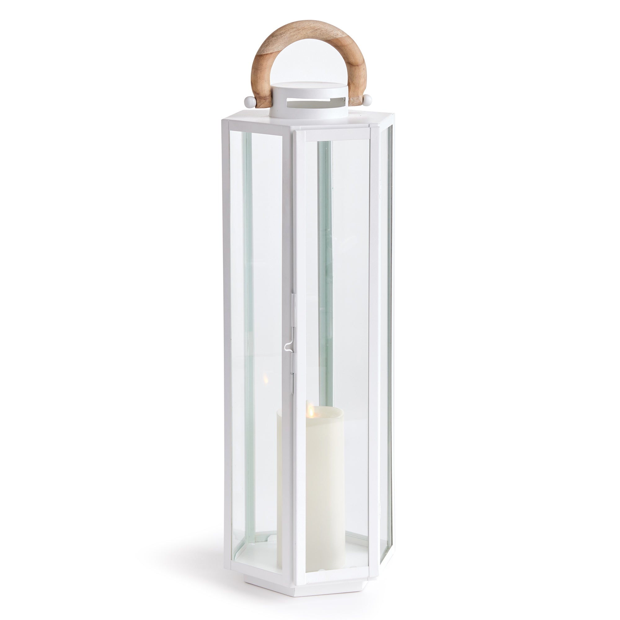 White lantern with a wooden handle and glass sides on a white background