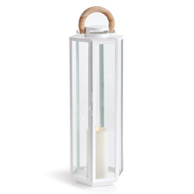 White lantern with a wooden handle and glass sides on a white background
