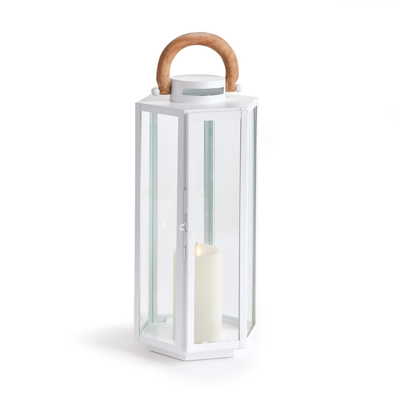 White lantern with a wooden handle and glass sides on a white background
