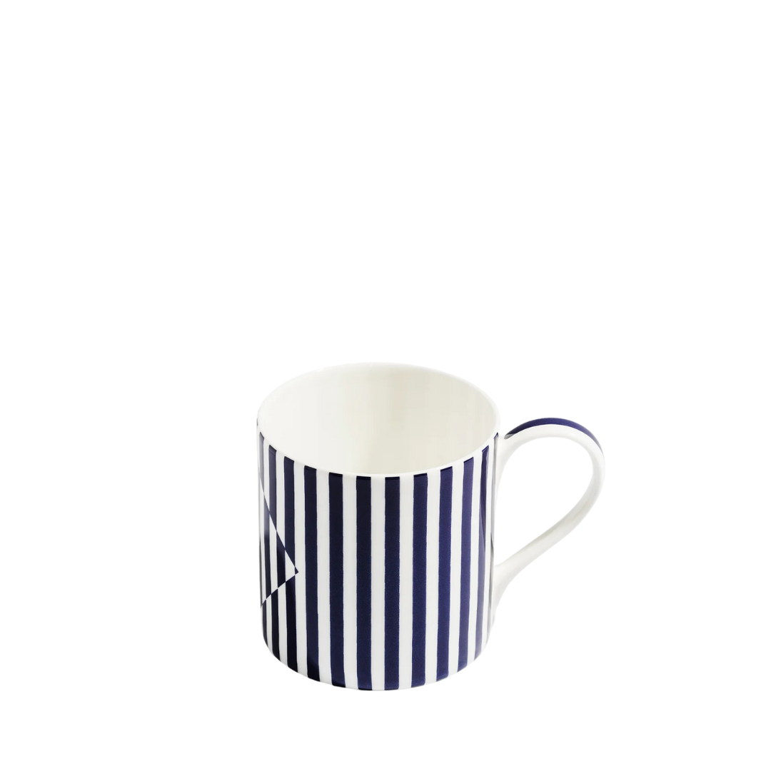 Blue and white striped bone china mug on white background