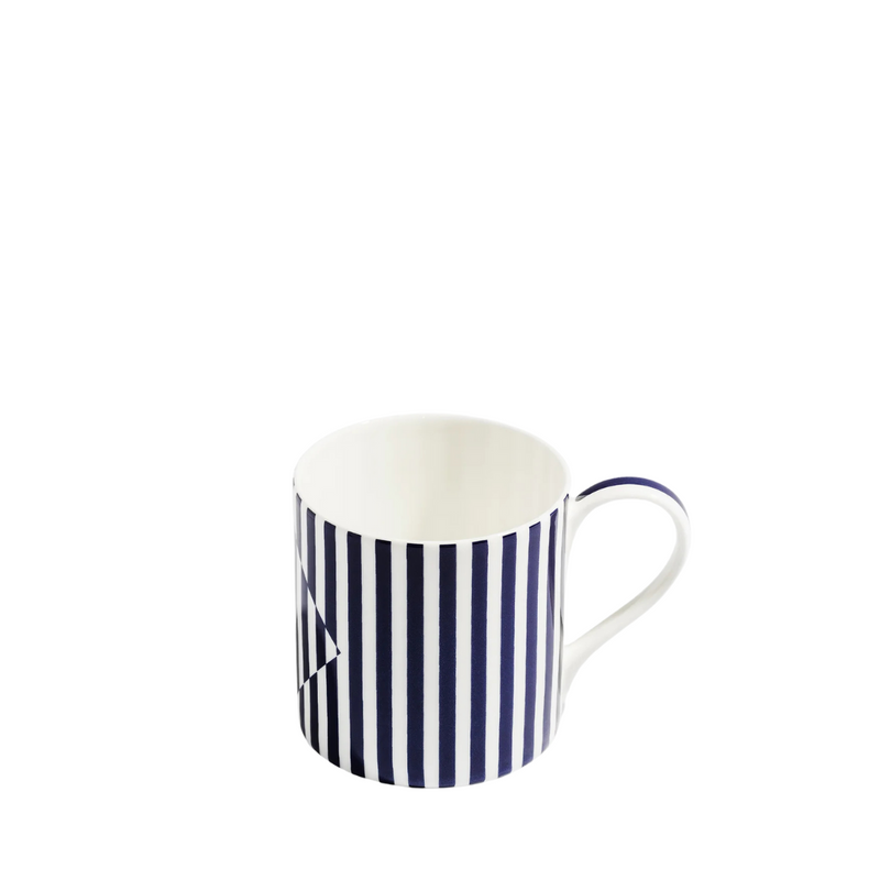 Blue and white striped bone china mug on white background