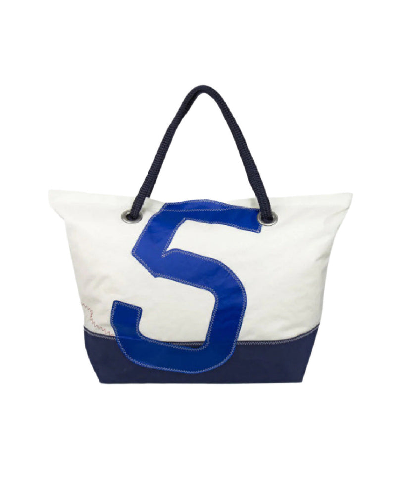 White tote bag with blue number '5' on a white background