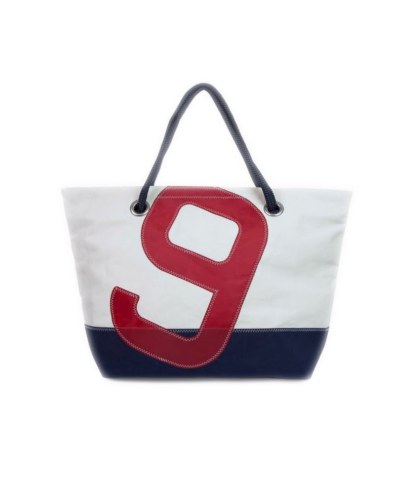 Tote bag with a large red number 9 on a white and navy background