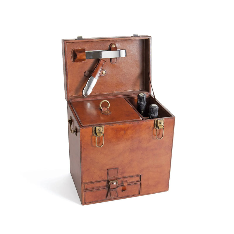 Brown leather travel bar with a silver handle on a white background