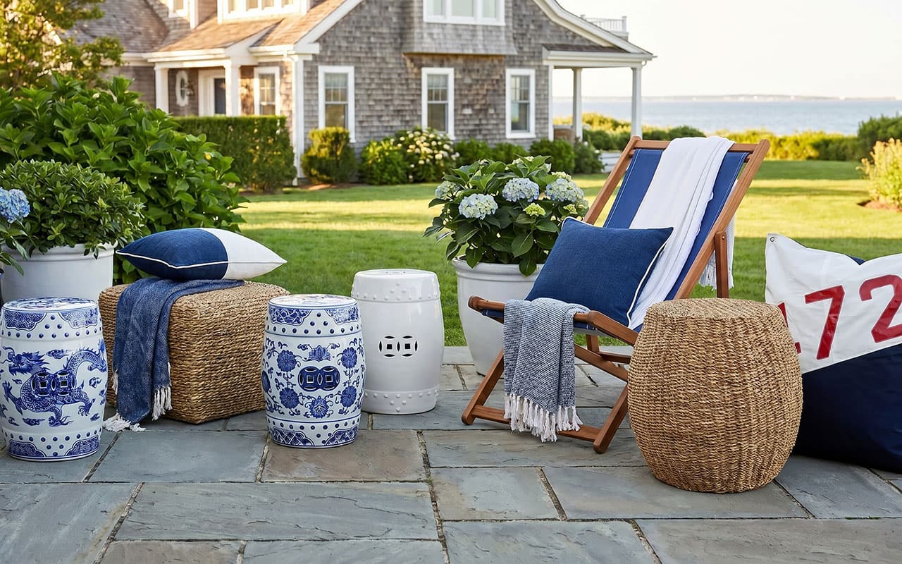 Outdoor seating area with a chair, ottoman, and decorative items on a stone patio.