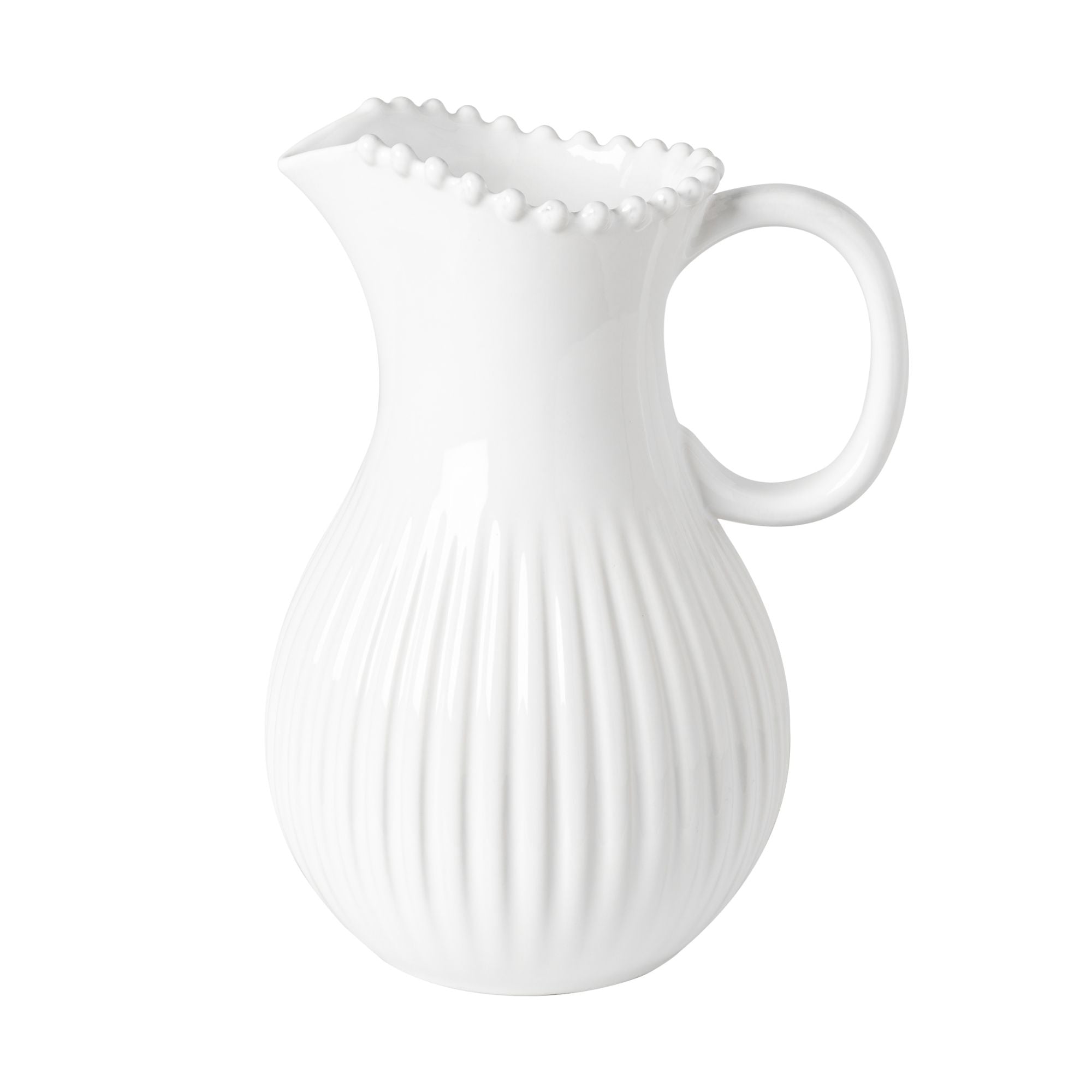 A white ceramic pitcher with a ribbed design and a curved handle.