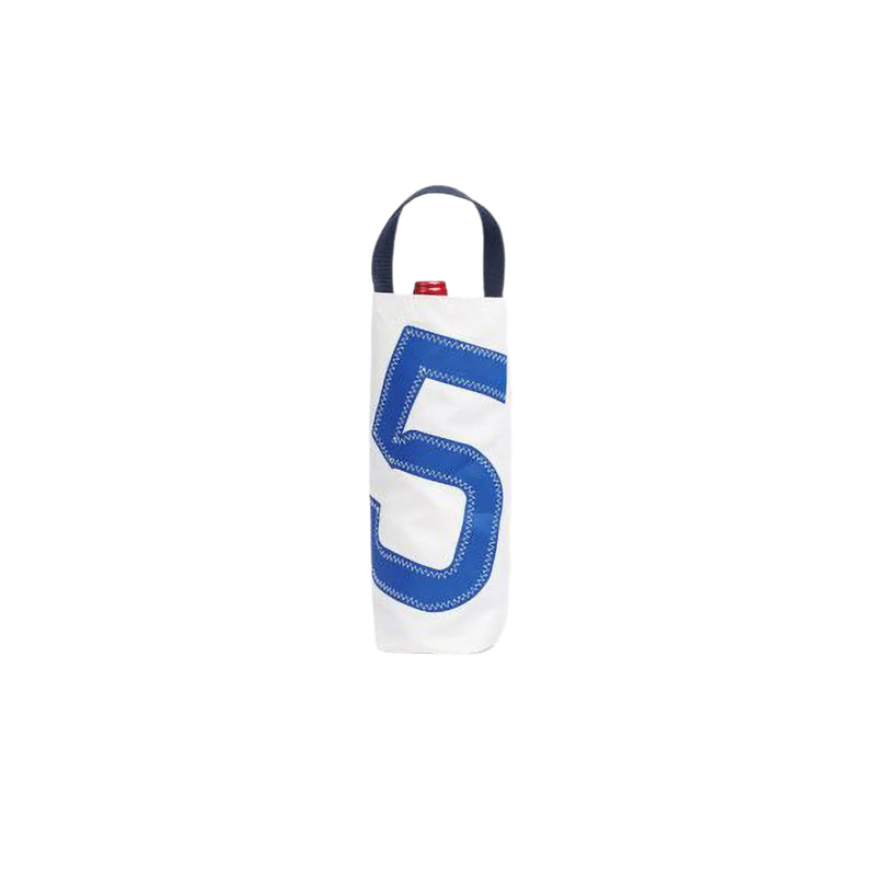 White bag with blue number '5' on a white background