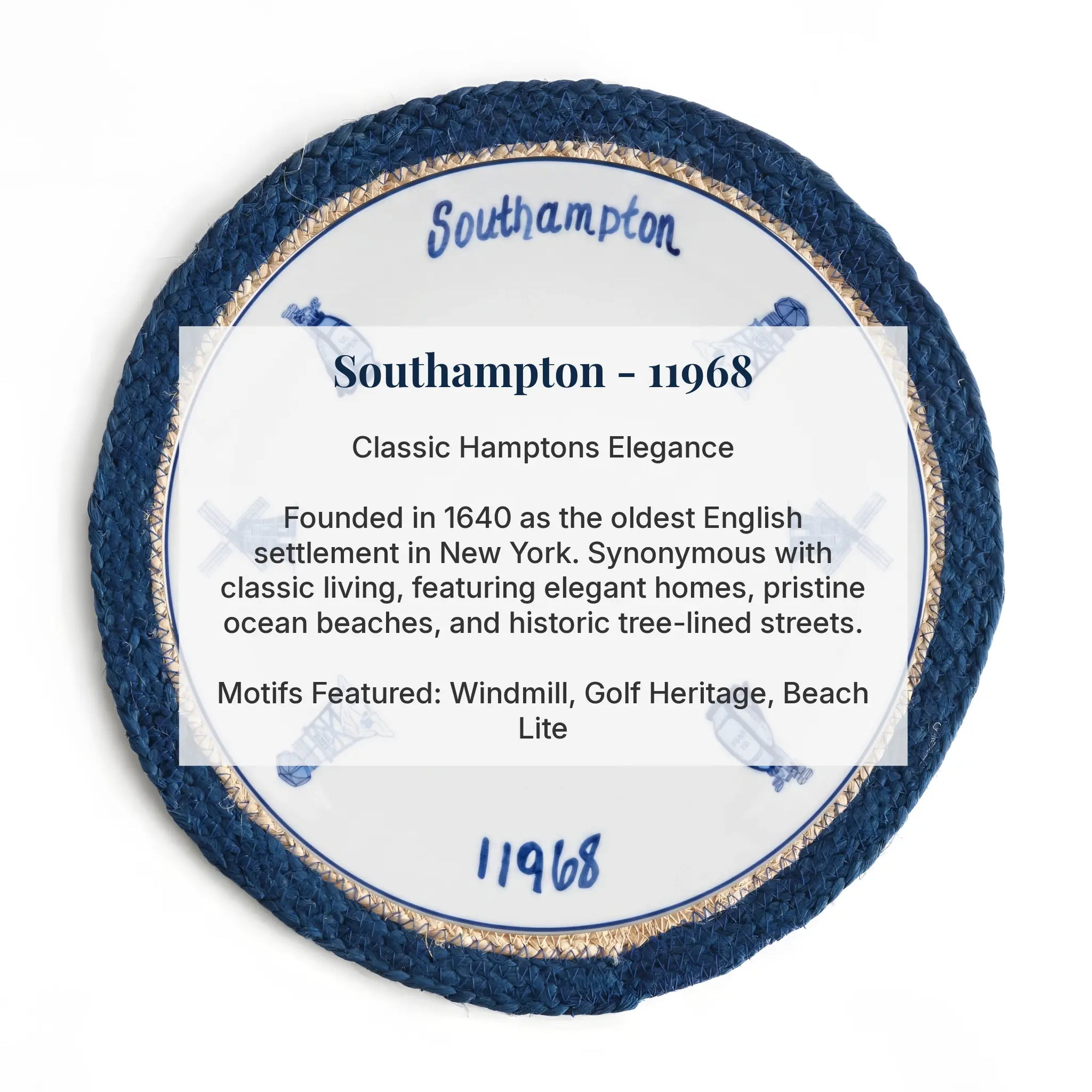 A circular decorative plaque or coaster featuring a blue and white Southampton design with a textured navy blue outer ring, a gold glitter inner ring, and a white center with printed text reading 'Southampton - 11968' and descriptive copy about Hampton Elegance.