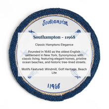 A circular decorative plaque or coaster featuring a blue and white Southampton design with a textured navy blue outer ring, a gold glitter inner ring, and a white center with printed text reading 'Southampton - 11968' and descriptive copy about Hampton Elegance.