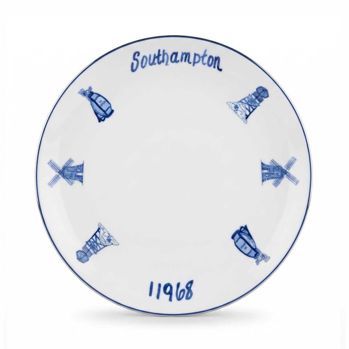 A white ceramic plate featuring blue hand-painted style illustrations of windmills, the word 'Southampton' at the top, and the year '11968' at the bottom, shown on a clean white background.