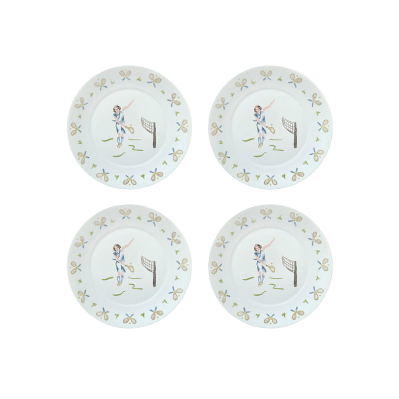 Four decorative plates with sports-themed illustrations on a white background