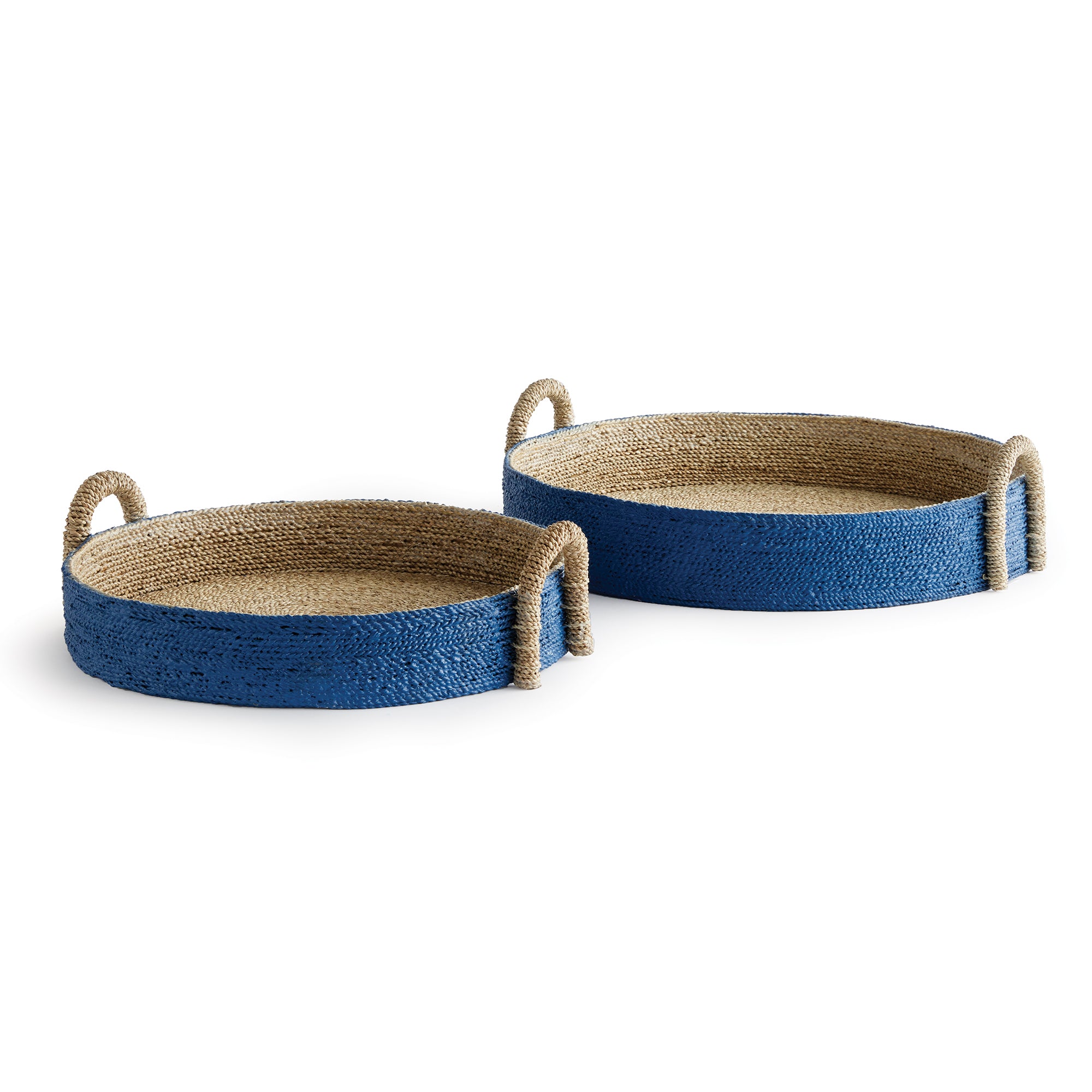 Two round, dual-tone woven baskets with handles. The interior is natural brown, and the exterior is vibrant royal blue.