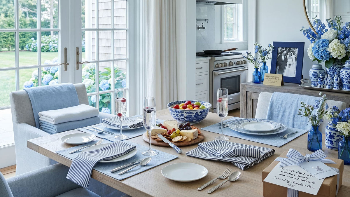 Dining room with a set table, flowers, and kitchen in the background