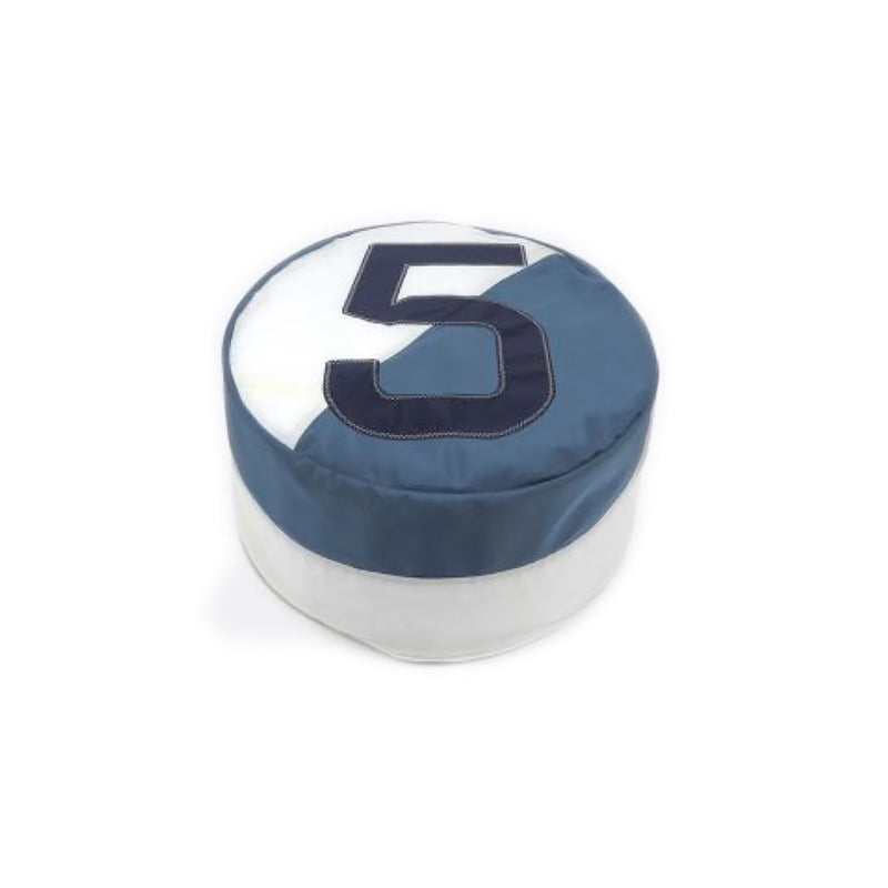 Blue and white object with number '5' on a white background