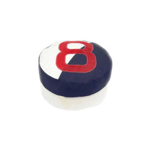 Round object with a red number 8 on a white background