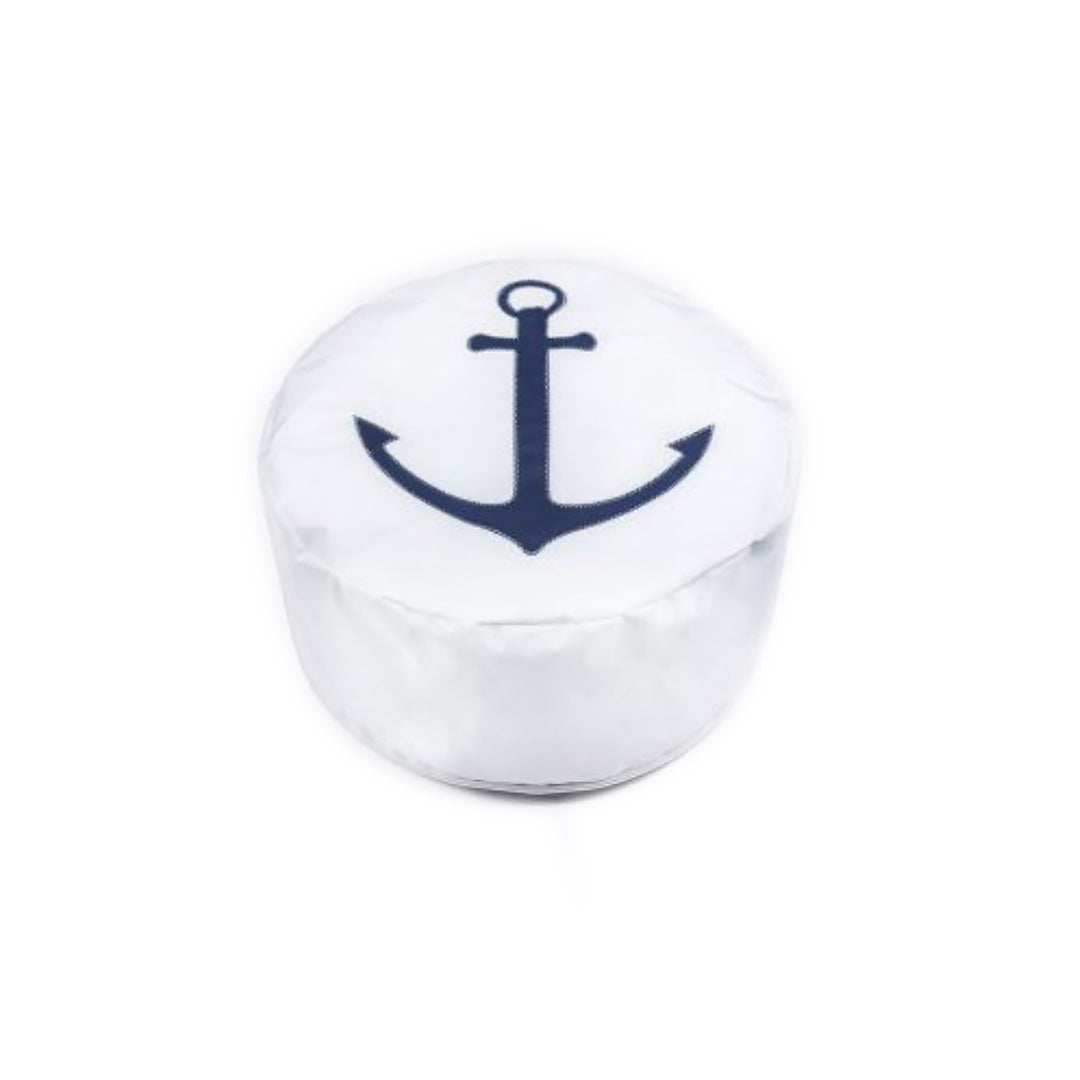 White die with a blue anchor design on a white background
